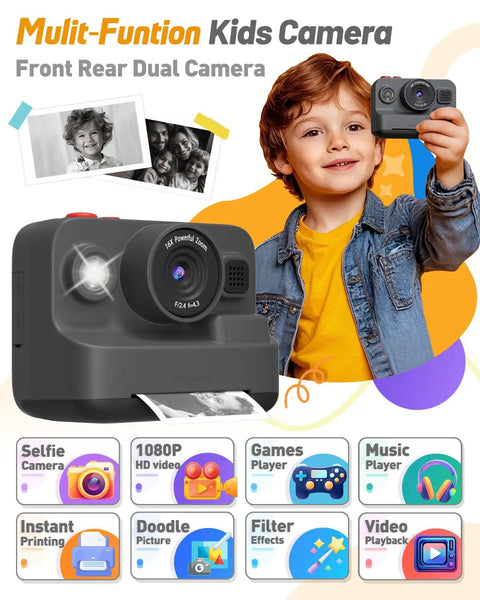 Child holding Kids Instant Print Camera with Dual Front and Rear Lenses for Selfies, 1080P Video, 2.4 Inch Screen, and print examples.