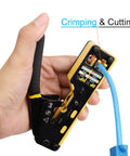 Close-up of hand holding All In One Pass Through RJ45 Crimp Tool Kit for Ethernet Cabling Cat5 Cat5e Cat6 with blue cable being crimped