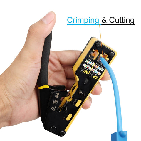 Close-up of hand holding All In One Pass Through RJ45 Crimp Tool Kit for Ethernet Cabling Cat5 Cat5e Cat6 with blue cable being crimped