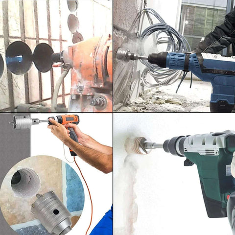 Concrete hole saw kit with SDS-plus shank; includes 30/40/60 mm cutters, 8.75 in rod, and 3 center drills.