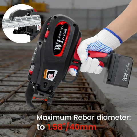 Person using Automatic Rebar Tying Tool With 21 Gauge Tie Wire Two 14.4V 4400mAh Batteries Cordless Rebar Tie Gun For 0.3 To 1.58 Inch Rebars