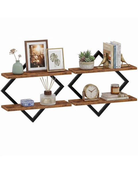 Top Shelf Two Tier Floating Wall Shelves Set Of Two With Sleek Diamond Iron Frame Rustic Brown Metal Decor for displaying decor.