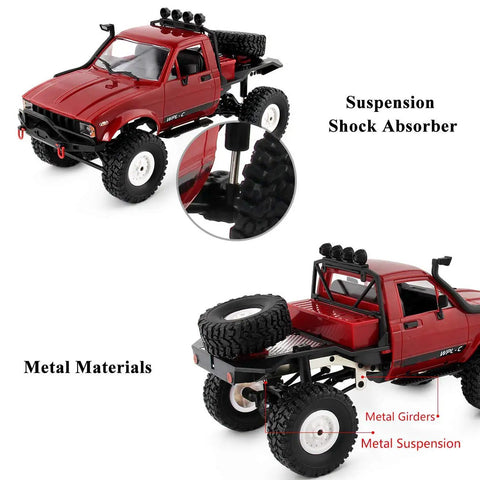 Rugged 1/16 Scale RC Crawler Off Road Truck 4x4 With LED Lights showcasing suspension and metal materials close-up view