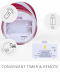 Flameless LED Candy Cane Pillar Candle With Moving Flame, Battery Operated 6.5 Inch Red Glitter Stripe showing battery compartment and timer.