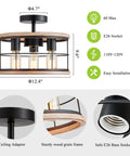 Industrial Farmhouse Dope Semi Flush Mount Ceiling Light Fixture With White Wood Grain Metal Cage, dimension details shown.