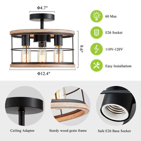 Industrial Farmhouse Dope Semi Flush Mount Ceiling Light Fixture With White Wood Grain Metal Cage, dimension details shown.