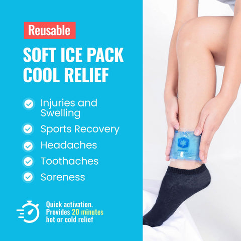 Person applying Hot And Cold Gel Packs 3x5 Inches Reusable Ice Packs For Injuries Headaches Joints And Fever Relief Puncture Proof Material Six Pack FSA HSA Eligible No Brainer Durable And Long Lasting to ankle for pain relief.