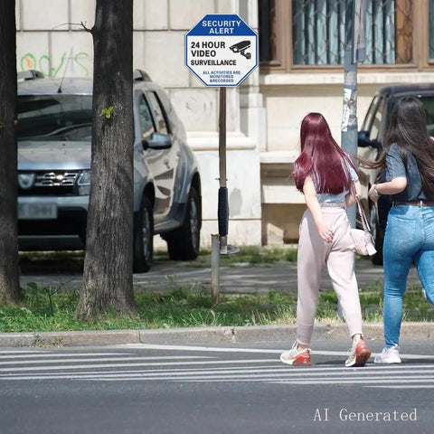 Two people walking near a security sign displaying 24 hour video surveillance on a street.