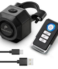 USB-C Rechargeable Bike Alarm With Remote IP55 Waterproof Wireless 110 Decibel Loud Anti Theft Vibration Motion Sensor Security System For Your Bike E-Bike Motorcycle And Scooter showing alarm, remote, and cable