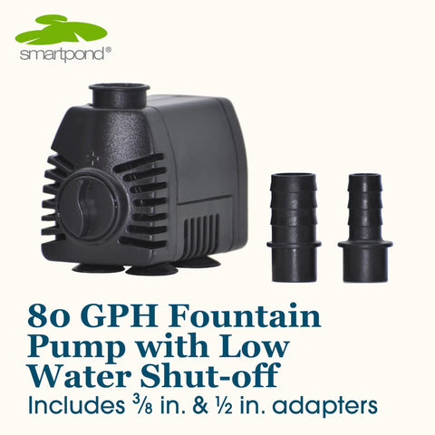 Low Water Shut Off Fountain Pump With Auto Shut Off To Prevent Burnout, 80 GPH, 2 Ft Pumping Height, adapters shown