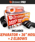 Low Profile Dust Separator Pro Grade For Your Shop Vacuums With High Flow 90 Degree Sweep Elbows And Connection Hose Fits Standard 5 Gallon Buckets Made In USA packaging with included parts displayed.