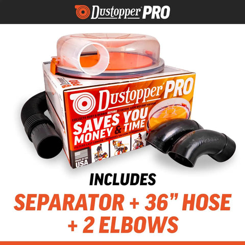 Low Profile Dust Separator Pro Grade For Your Shop Vacuums With High Flow 90 Degree Sweep Elbows And Connection Hose Fits Standard 5 Gallon Buckets Made In USA packaging with included parts displayed.
