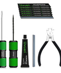 Permanent Tire Repair Kit For Cars Motorcycles Off Road Vehicles Trailers SUVs Pickups ATVs UTVs And Scooters Easy To Use No Fuss Quick Fix With Dry Vulcanized Patches, featuring tools and patches