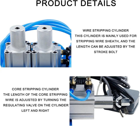 Industrial Grade Pneumatic Wire Stripper Machine 110V Automatic Electric Cable Peeler And Cutter Tool close-up of wire stripping cylinders and adjustments.