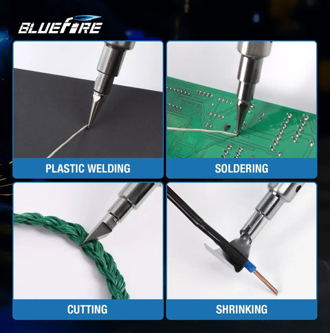 Cordless Butane Soldering Iron Kit For Electronics Jewelry Welding And Brazing Portable Mini Torch With Self Ignition Flame Control Lightweight Fast Heat Up On The Go And 9 Piece Accessory Set in use for plastic welding, circuit board soldering, wire cutting, and heat shrinking.