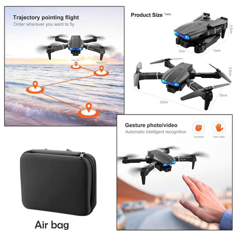 1080P Dual HD Camera FPV Quadcopter For Adults And Beginners showing trajectory pointing flight, product size, and gesture photo feature.