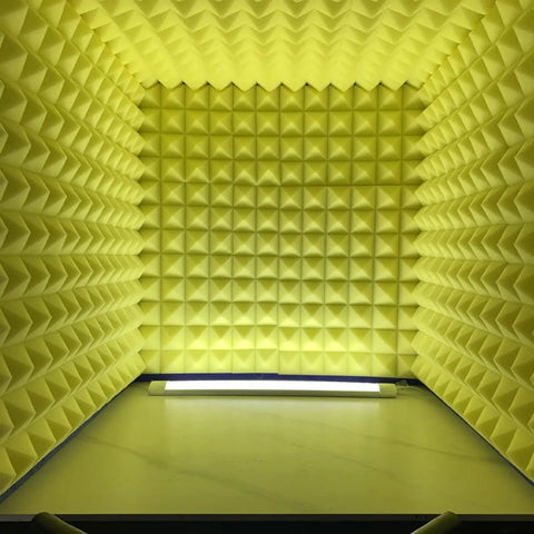 Inside view of Solid Portable Desktop Soundproof Booth Cube Packed With Dense Acoustic Foam Panels for vocal tracking.