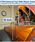 16 Inch AM FM Universal Top And Side Mount Antenna attached to orange vehicle hood with visible mounting base