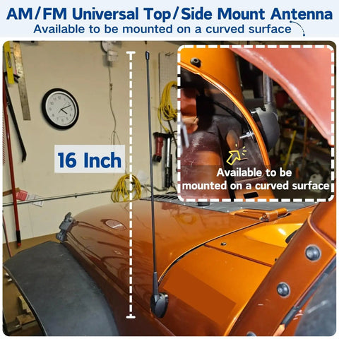 16 Inch AM FM Universal Top And Side Mount Antenna attached to orange vehicle hood with visible mounting base