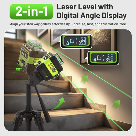 Pro Grade Laser Level 360 Self Leveling With Digital Angle Screen projecting green lasers on stairs with angle displays.