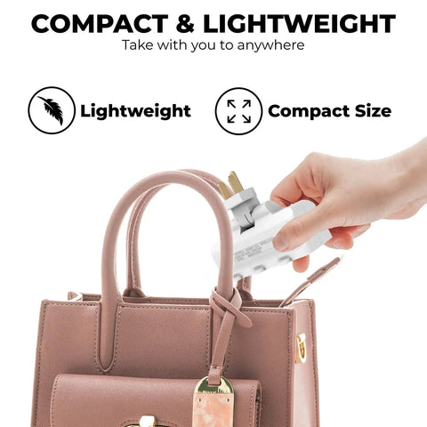 Person placing 3 Outlet Wall Tap With 180 Degree Swivel Grounded UL Listed Swivel Outlet Extender And Plug Adapter into a handbag