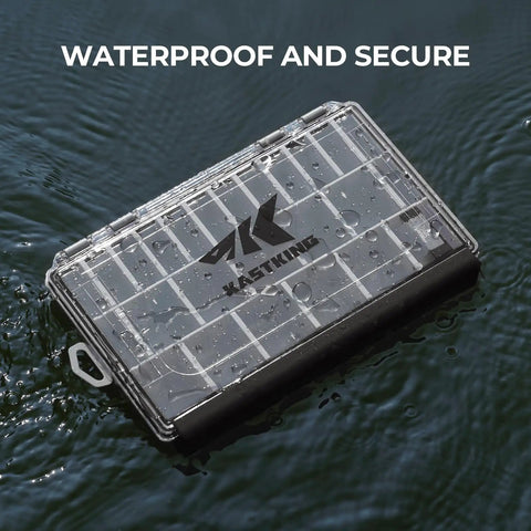 HyperSeal Waterproof Tackle Box For 3600 And 3700 Trays with Removable Dividers floating on water, black color.