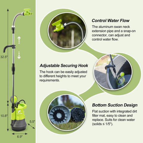 Beast Mode 1/2 HP Submersible Rain Barrel Pump with Float Switch 1050 GPH shown with extension tubes and features
