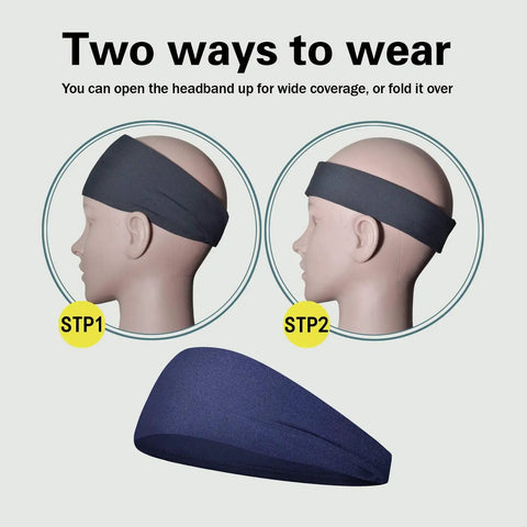 5 Pack Moisture Wicking Workout Headbands For Men And Women shown on mannequin, two styles, gray and blue, sweatbands for sports.
