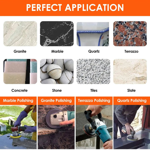 Display of Pro Grade 36 Piece Diamond Polishing Pads Kit applications on granite, marble, quartz, terrazzo, and more surfaces.