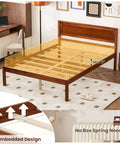 Rock Solid Mid Century Modern Full Size Wood Platform Bed With Reinforced Slat Support And Roomy 16 Inch Under Bed Storage No Box Spring Needed For Hassle Free Assembly In Classic Walnut Finish, showing slats and under bed storage.