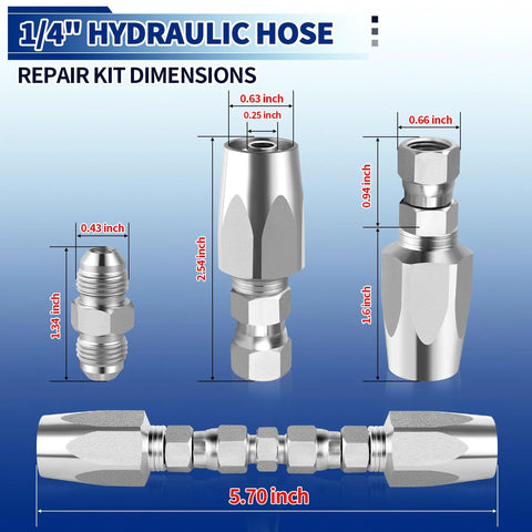 One Quarter Inch Inner Diameter Hydraulic Hose Field Ready Repair Kit With Reusable Heavy Duty Galvanized Steel Fittings, dimensions shown