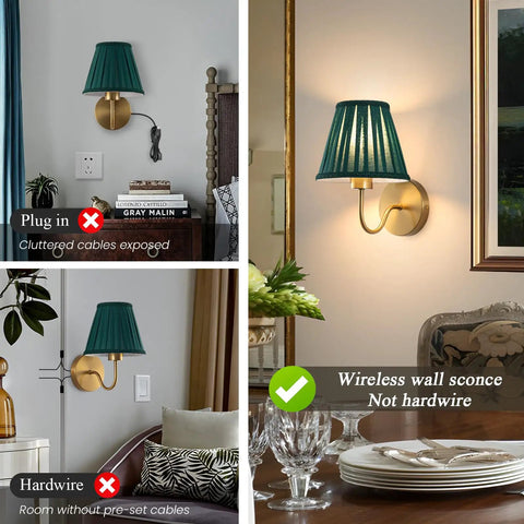 EIDISUNY Battery Operated Wall Sconces displayed in various settings showing their wireless, elegant gold design with green shade.
