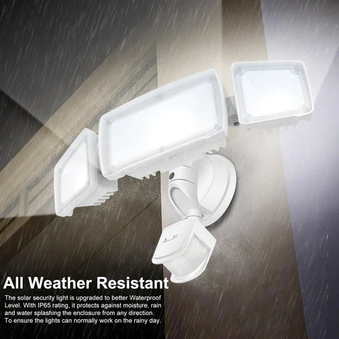 Two In One Outdoor Motion Sensor Flood Light With Ultra Bright 3500 Lumens LED Dusk To Dawn And Auto Motion Modes ETL Certified IP65 Waterproof Security Lighting For Yard Driveway And Garage shown on wall in rain