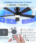 Sleek 46 Inch Flush Mount Ceiling Fan With Integrated Light Kit And Wireless Remote, five reversible matte black blades and remote control.