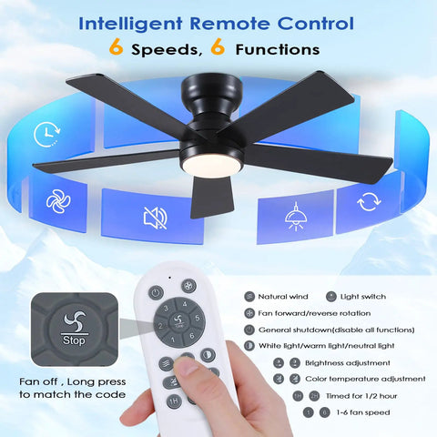 Sleek 46 Inch Flush Mount Ceiling Fan With Integrated Light Kit And Wireless Remote, five reversible matte black blades and remote control.