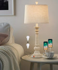 Set Of 2 27.75 Inch 3 Way Dimmable Touch Table Lamps With USB Ports Bulb Included Linen Washed Finish Rustic Farmhouse Nightstand Lighting For Living Room And Bedroom displayed on table next to sofa with two phones charging