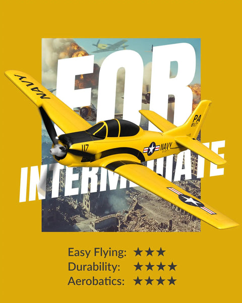 Beginner Friendly RC Plane T28 Trojan Warbird With Aileron 4CH Remote Control showcasing yellow design over text background.