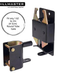 Heavy Duty Two Way Fence Gate Latch Built Tough As Nails For Livestock Corrals Round Tube Metal Gates With Zinc Coated Rust Resistant Steel And Screws Included, showing latch and mounting hardware.