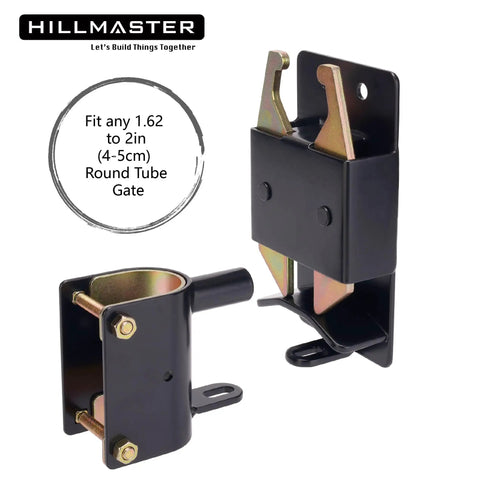 Heavy Duty Two Way Fence Gate Latch Built Tough As Nails For Livestock Corrals Round Tube Metal Gates With Zinc Coated Rust Resistant Steel And Screws Included, showing latch and mounting hardware.