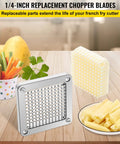 Replacement Chopper Blade Set One Quarter Inch For Even Cuts, stainless steel grid and push block with cut vegetables and fries