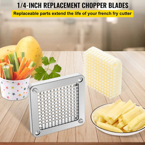 Replacement Chopper Blade Set One Quarter Inch For Even Cuts, stainless steel grid and push block with cut vegetables and fries