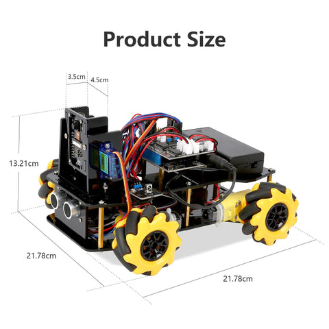 Kid Friendly 3MP Camera STEM Robot Kit With App And Remote Control For Ages 8 To 16, measuring dimensions with Mecanum wheels