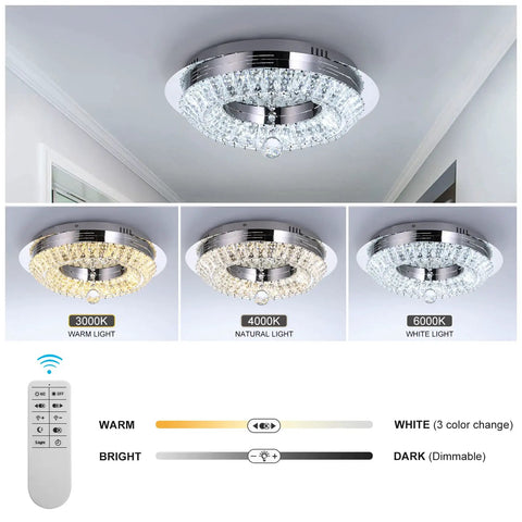 Lit Crystal Ceiling Light Chandelier 16 Inch Flush Mount Dimmable 3 Color Change Modes 16W 32W Max Timmer Modern K9 Crystal