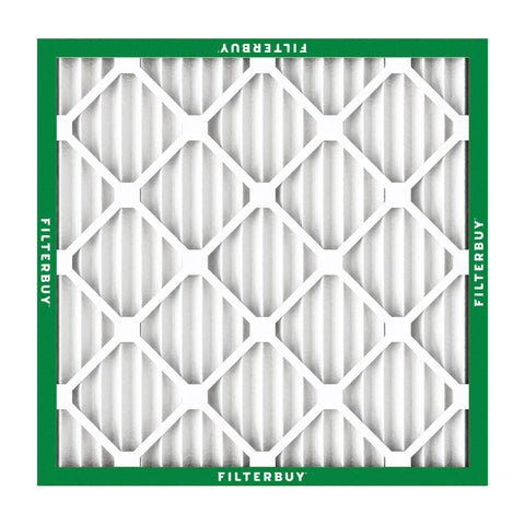 FilterBuy air filter 20x20x1 with green frame and white pleated media (front view)