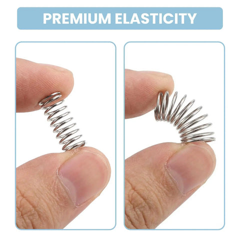 Premium 1 Pc Compression Spring With 10mm Outer Diameter And.8mm Wire Gauge Stretching Out To A Rock Solid 304.8mm Length Made From High Grade Steel That Stands Up To Rust, Corrosion And Heavy Workshop Grilling Or Outdoor Projects Without Losing Strength. close-up steel compression spring stretched between fingers