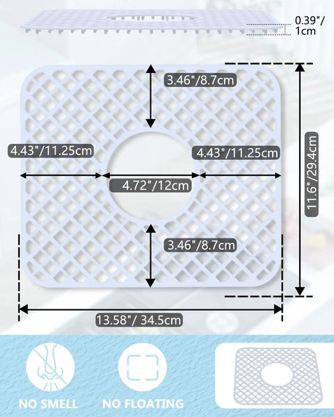 Diagram of the two pack silicone sink protectors for kitchen sink with trellis pattern, showing dimensions and center drain.