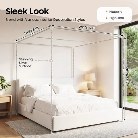 Hella Sturdy Queen Size Canopy Bed Frame Posts With Four Corner Stainless Steel Brackets For Universal Metal Wood Bedroom Setup That Gonna Look Dang Amazing And Built To Last Way Longer in sleek modern bedroom.