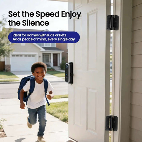 Child entering house through a door equipped with Self Closing Door Hinges 4 Inch Matte Black Spring Loaded Five Eighth Inch Radius Corners