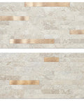 Two beige marble look tiles with copper accents, 20 Sheets Faux Stone Peel and Stick Backsplash Tiles in Beige Marble Look PVC for Kitchen DIY