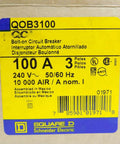 Label of Beefy 100 Amp 3 Pole 240V 3-Phase Bolt-On Circuit Breaker For Industrial Panels, Model QOB3100, yellow background.